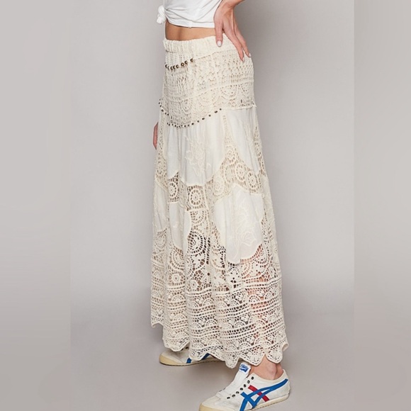 POL Cream Crochet Knit Metallic Beaded Elastic Waist Maxi Skirt - Picture 2 of 9